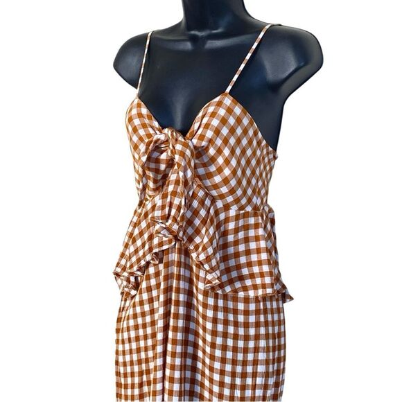 Saylor Laken Sparrow Brown White Gingham Peplum Tie Front Jumpsuit Sz M - Picture 7 of 16